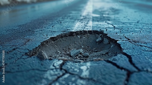 Hole in asphalt on road. Asphalted highway with cracks. Generative AI.