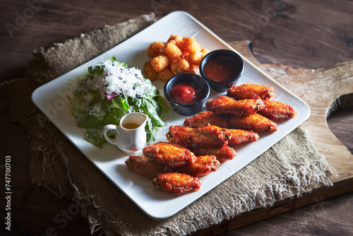 Salad and hot wings on plate © mnimage