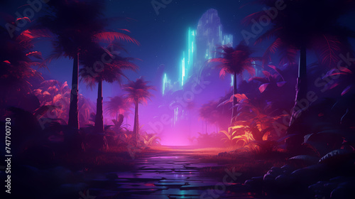 Sunset on the beach with neon color style look, Illustration.