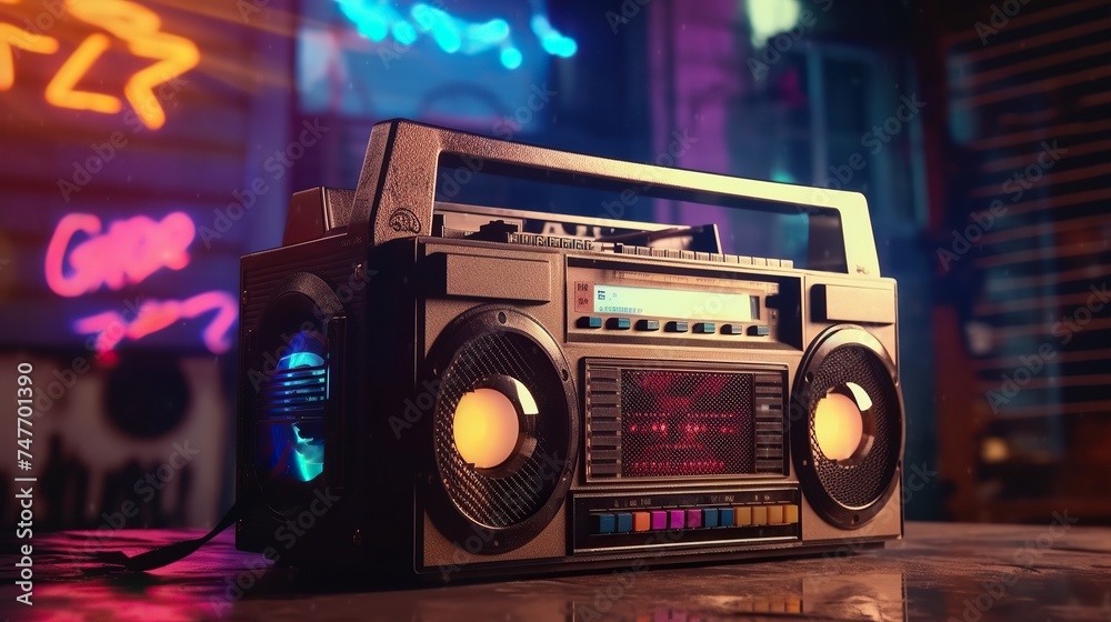 Vintage boombox hiphop dance music in neon graffiti room - obrazy, fototapety, plakaty 