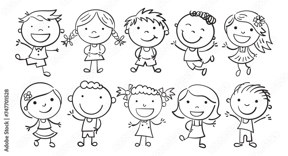 Set ten happy cartoon kids, black and white outline