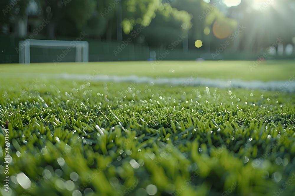 Close-Up Soccer Turf Surrounded by the Sun in Carl Zeiss Style - obrazy, fototapety, plakaty 