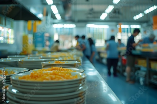 Tilt-Shift Table Setting of Plates and Silver Bowls of Cheesy Rice