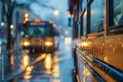 Rainy Night School Bus Driving in City Street photo