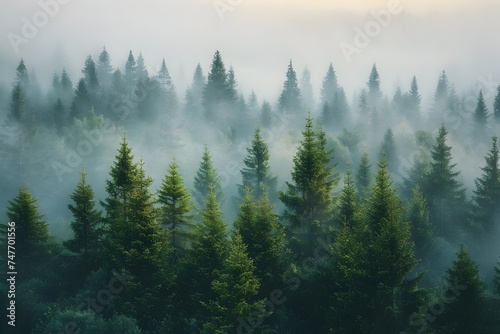 Foggy Forest with Pine Trees and Sunlight © vanilnilnilla