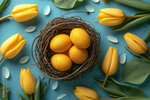 Yellow Easter eggs and tulips in basket on light blue  background. Eggs in nest and flowers. Spring and Easter holiday concept with copy space. Design for greeting card, banner, invitation. Flat lay