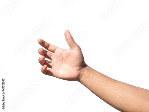 Men's hands making gestures like is holding something such as a phone or a water bottle Isolated on white background.	