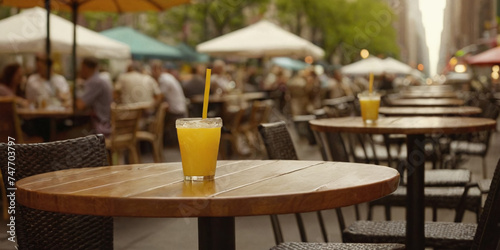 A refreshing glass of orange juice sits on a table at a street café, offering a vibrant contrast to the bustling cityscape. A moment of tranquility amidst urban energy.