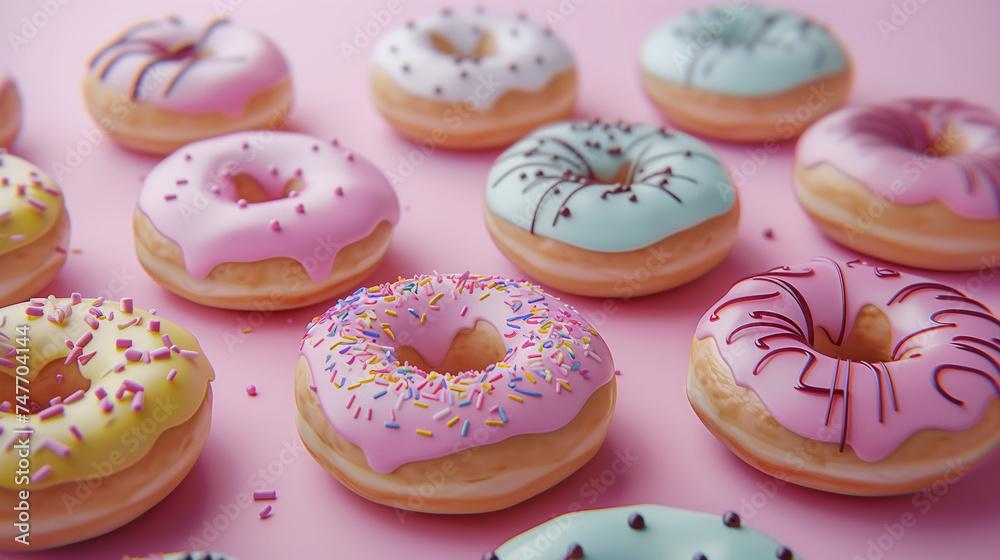 Assortment of colorful donuts background