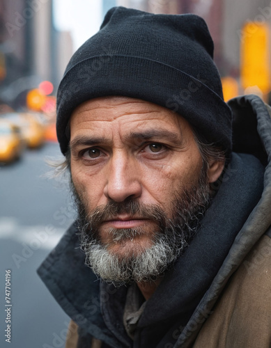 A poignant portrait of a homeless man  his face blurred for anonymity  set against the bustling backdrop of a city street. A stark reminder of the unseen struggles amidst urban life.