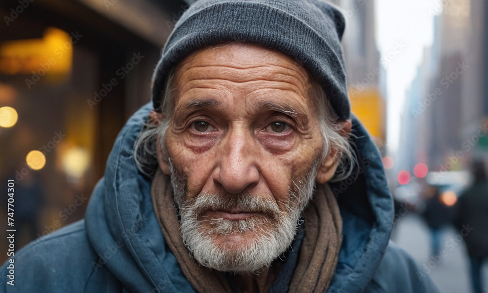 A poignant portrait of a homeless man, his face blurred for anonymity, set against the bustling backdrop of a city street. A stark reminder of the unseen struggles amidst urban life.