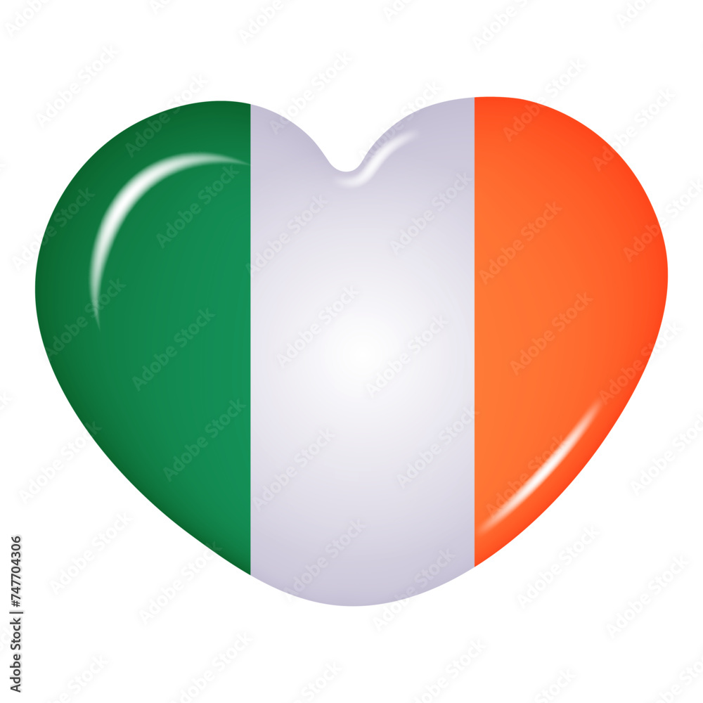 3D heart-shaped icon of the Irish flag isolated on a transparent background. Country flag button. Happy St. Patrick's Day. Vector illustration 3D heart-shaped icon of the Irish flag isolated on a transparent background. Country flag button. Happy St. Patrick's Day. Vector illustration