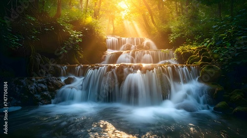 Waterfall flowing through the middle of a lush forest, sunlight shining, nature © BB