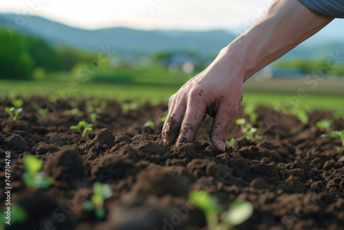 土を触る手/農業と大地のイメージ A farmer's hand touching the soil. Images of the earth, nature, and agriculture. Asian.Generative AI