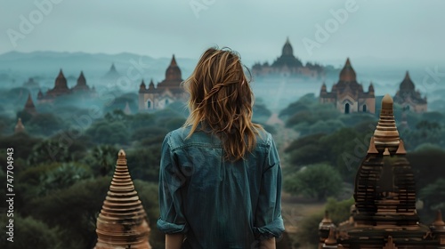 Woman Overlooking Temples of Bagan at Sunrise at Bagan Temples in Myanmar