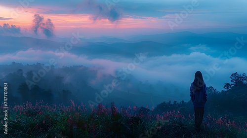 Person Standing on Hilltop Overlooking Beautiful Mountain and Clouds Scenery photo