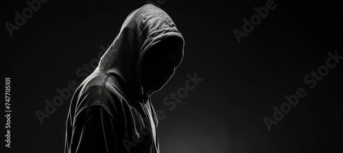A silhouette of a person in a hoodie is presented against a dark background, showcasing boldly black and white aesthetics and social and political commentary.