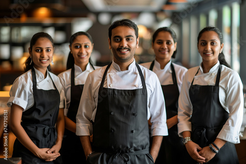 Indian professional service staff, salesperson and cook in modern restaurant. photo
