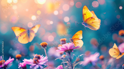 Yellow butterflies are seen flying over flowers, captured in a bokeh panorama, showcasing bright and vibrant colors. © Duka Mer