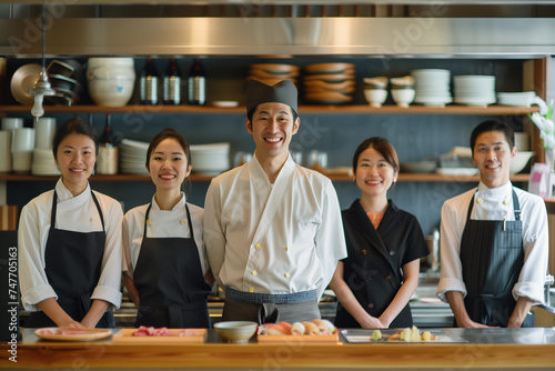 Japanese professional service staff, salesperson and cook in modern restaurant.
