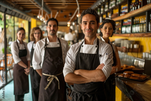 Spain professional service staff, salesperson and cook in modern restaurant.