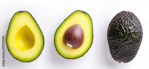 A ripe avocado is presented on a white background, showcasing muted aesthetics, minimalist compositions, a bird's-eye view, deconstructed pop, and colors of dark brown and dark black.