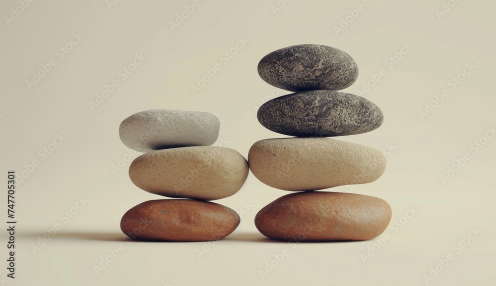 Two pairs of pebbles are seen stacking vertically on top of each other, showcasing surrealistic elements, minimalist images, and warm color palettes. - obrazy, fototapety, plakaty 
