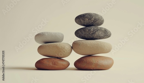 Two pairs of pebbles are seen stacking vertically on top of each other, showcasing surrealistic elements, minimalist images, and warm color palettes.