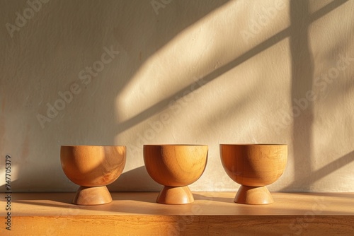 Three wooden cups are standing on a wooden table, showcasing minimalistic abstractions, terracotta aesthetics, rim light, tabletop photography, and spherical sculptures. photo