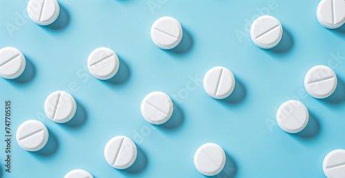 White pills are seen resting on a blue background, showcasing bold compositions, rounded shapes, tabletop photography, and colors of light gray, cyan, and bold and vibrant primary colors.