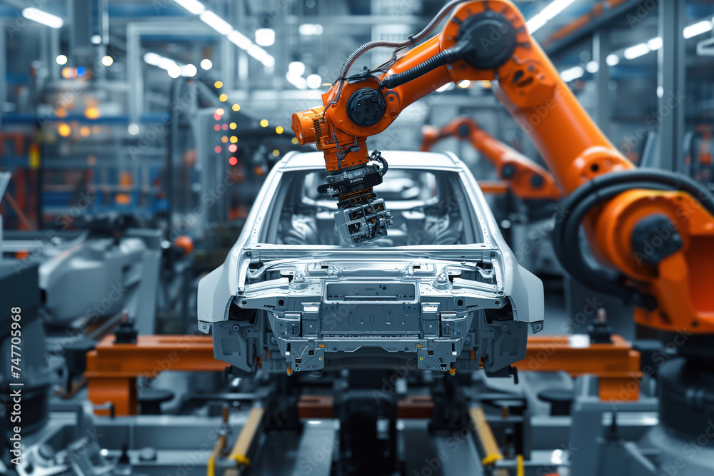 Auto industry robots assemble cars on high tech assembly line in modern automobile factory AI Generative