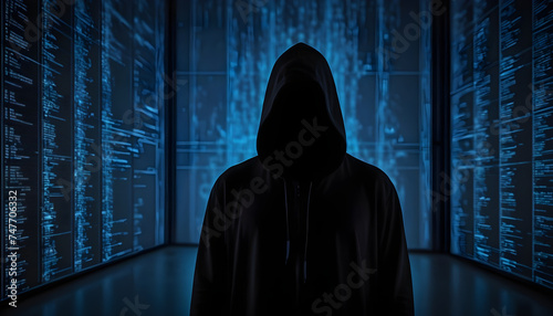 a figure in a hoodie is in front of screens, and their face is not visible. the screens shine with different colors, symbolizing the constant cyber security conflict