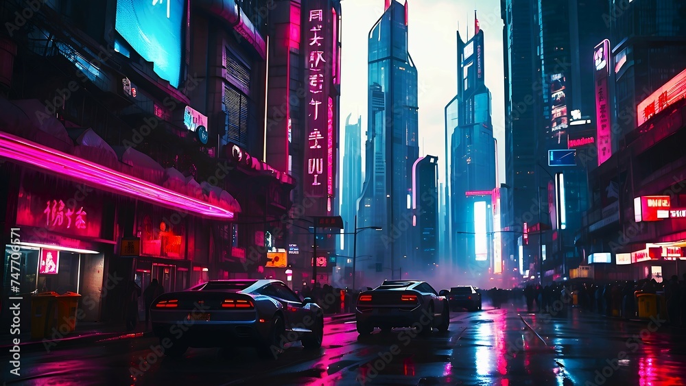 Craft a futuristic cyberpunk cityscape, with neon-lit skyscrapers, bustling streets, and intricate details that define the urban dystopia.