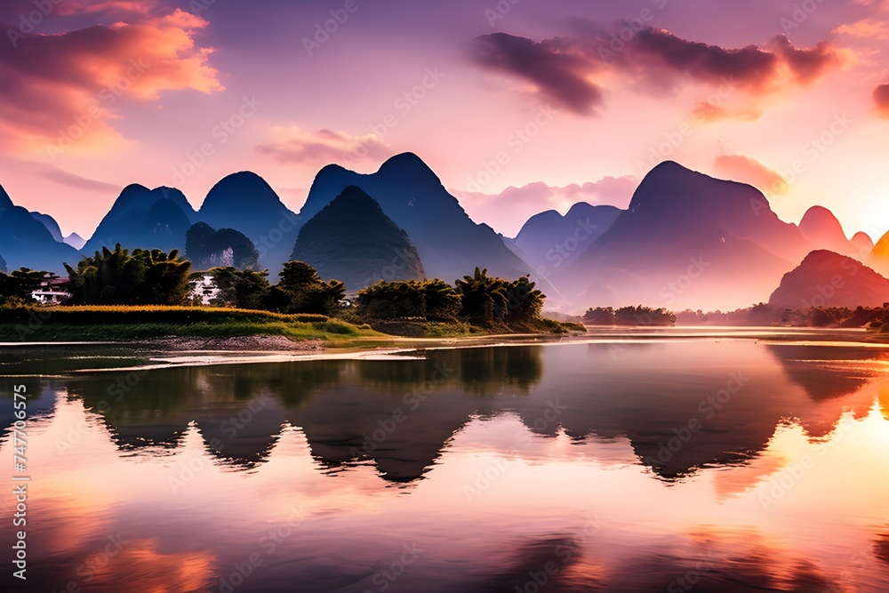 the sun sets over the mountains in china