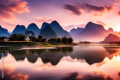 the sun sets over the mountains in china