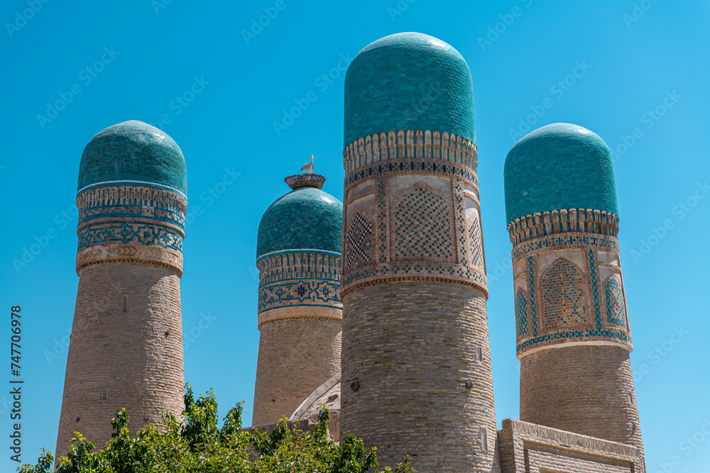 Chor Minor is historic gatehouse for now-destroyed madrasa, Bukhara, Uzbekistan