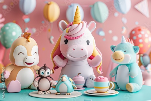 Colorful 3D rendered birthday scene with unicorn, penguin, and other cute animals