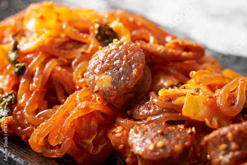 Spicy stir-fried sundae, Korean food 