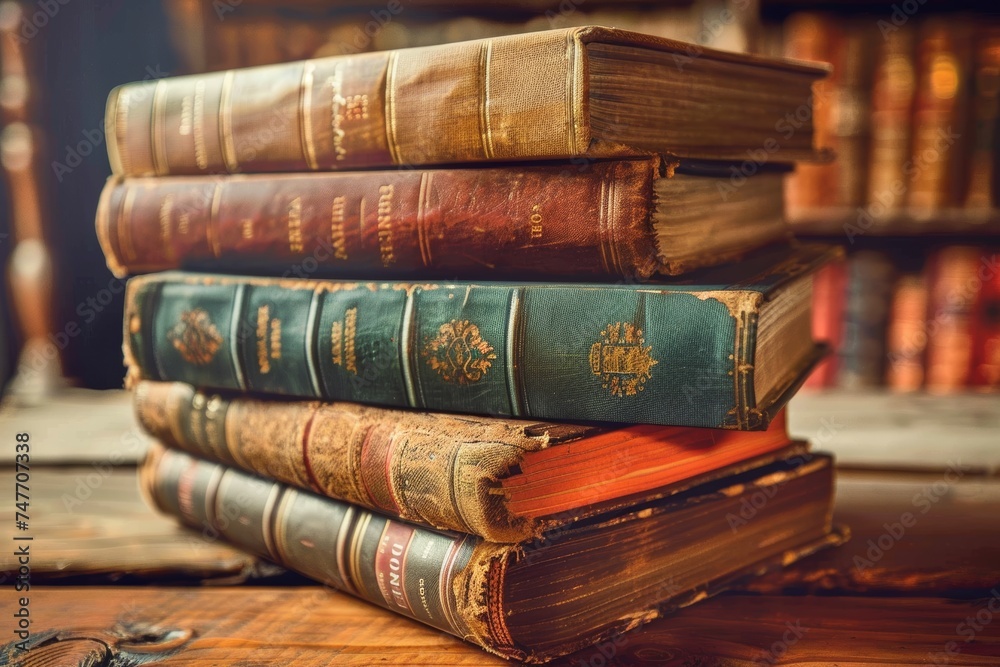Stack of Books on Wooden Table. Generative AI Stack of Books on Wooden Table. Generative AI