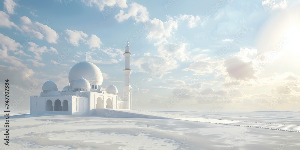 white mosque in the middle of the desert, bright blue sky background as free space, Islamic banner poster card design - obrazy, fototapety, plakaty 