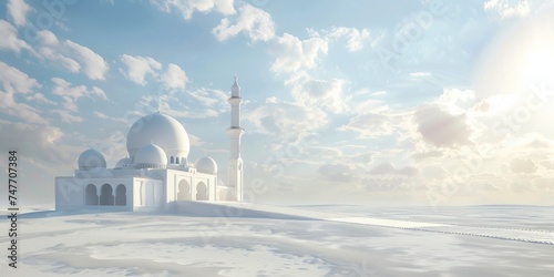 white mosque in the middle of the desert, bright blue sky background as free space, Islamic banner poster card design photo