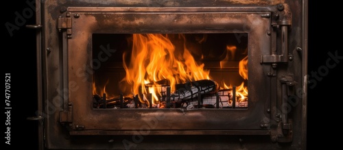 A close-up view of a fire burning inside an old metal stove, with the door slightly ajar. The flames dance and flicker, illuminating the dark interior of the stove.