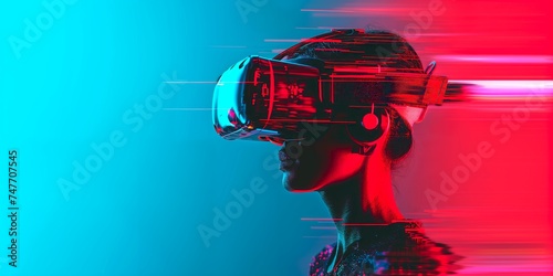 Futuristic young person wearing a virtual reality headset VR goggles exploring the meta verse, and playing games, entertainment and digital technology of the future.  Banner style. Generative AI
 photo