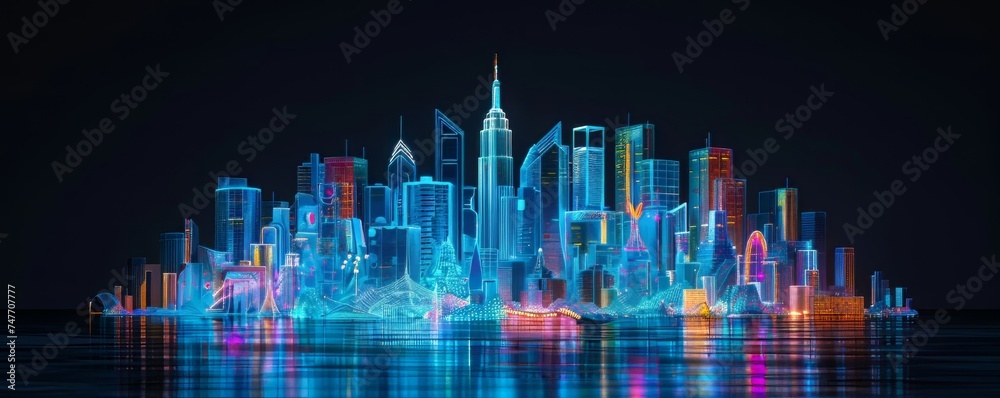 3D visual of futuristic cityscape, neon glow, advanced technology in harmony, on black background