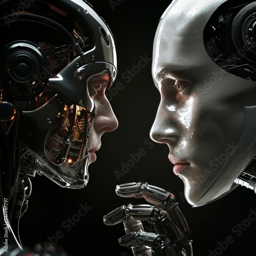 A person with cybernetic enhancements facing a moral quandary, the man versus machine, on black background photo