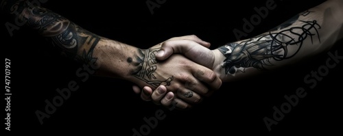 A secretive handshake, tattooed symbols on wrists, a pact of silence, on black background