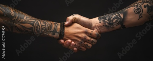 A secretive handshake, tattooed symbols on wrists, a pact of silence, on black background