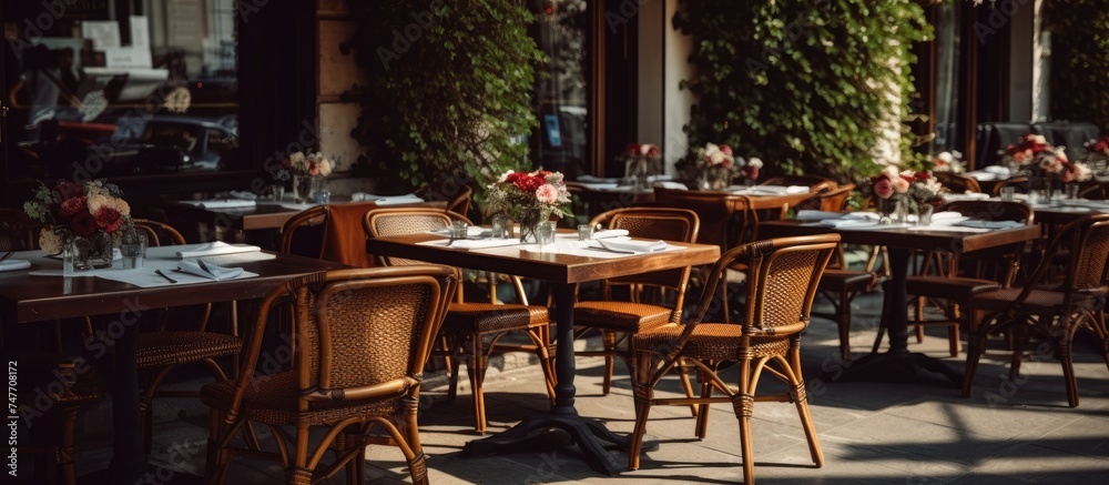 A restaurant setting with an abundance of tables and chairs placed outdoors, ready to accommodate diners. The tables are neatly arranged, offering a functional.