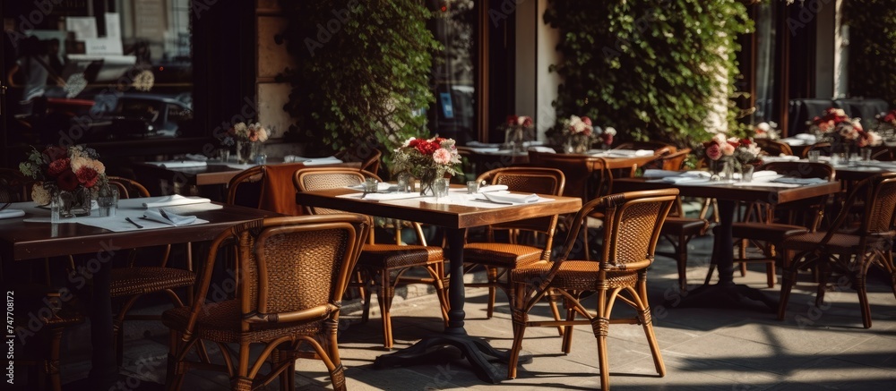 A restaurant setting with an abundance of tables and chairs placed outdoors, ready to accommodate diners. The tables are neatly arranged, offering a functional. A restaurant setting with an abundance of tables and chairs placed outdoors, ready to accommodate diners. The tables are neatly arranged, offering a functional.