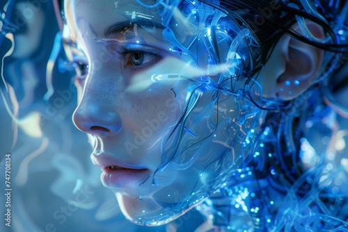 face of female humanoid android Artificial Intelligence mechanical robot be creative Have an understanding of orders It has the most advanced operating system Robot innovations  future orang blue tone